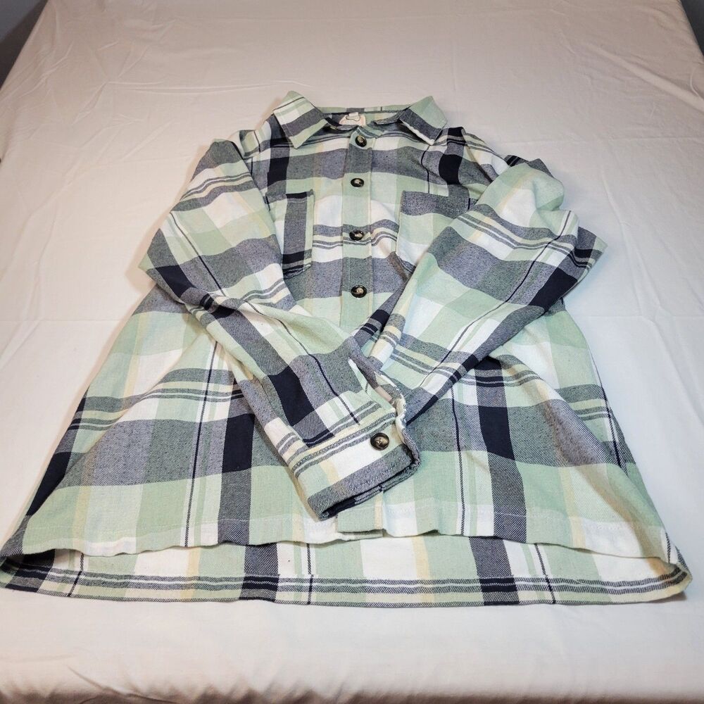 Bibi S Plaid Shacket Flannel Button Up Womens Green Navy Cotton Blend Casual New